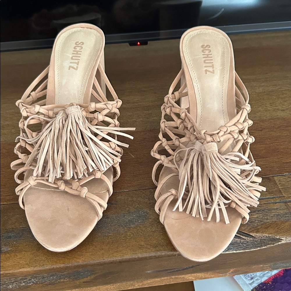 SCHUTZ Tan Braided Sandals with Tassels